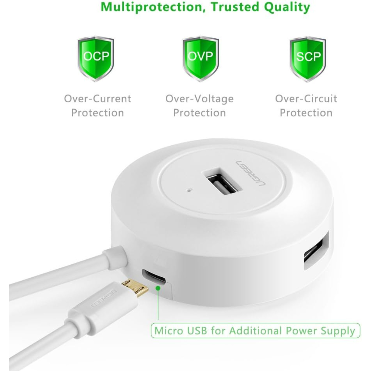 Ugreen 20270 USB 2.0 Hub 4 Ports white for Your PC, Cell Phones, eReaders, Tablets (White)