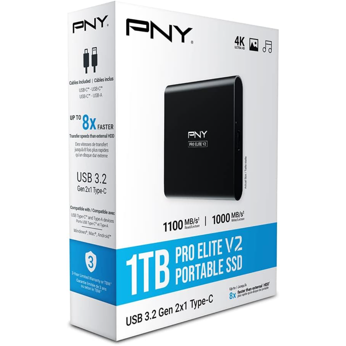 External Drives PNY Pro Elite V2 1TB USB 3.2 Gen 2x1 Type-C Portable Solid State Drive 