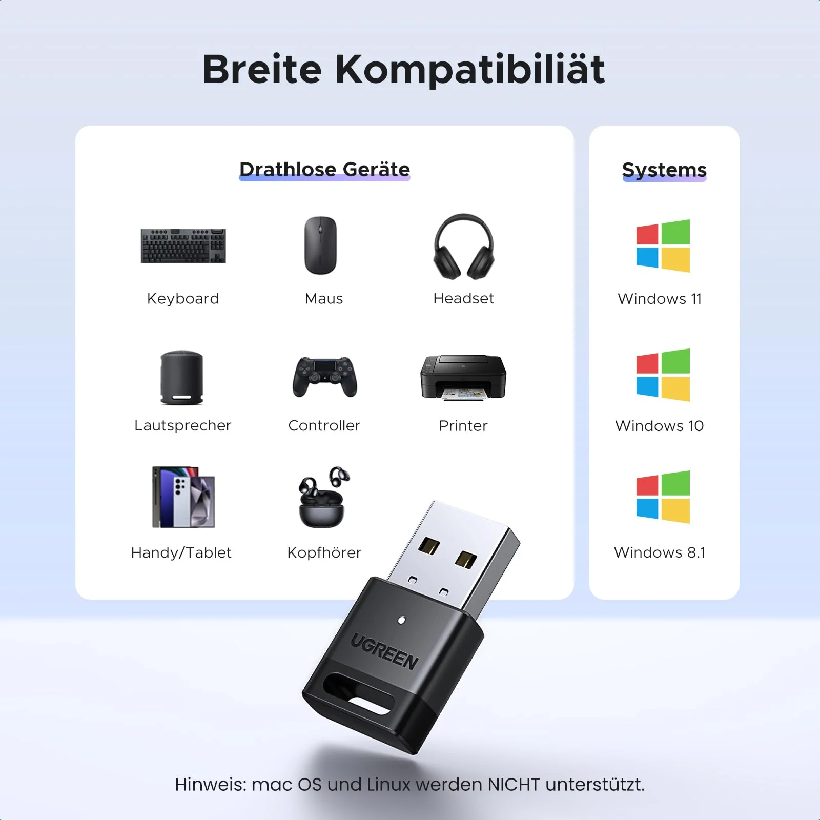 UGREEN USB Bluetooth Adapter for PC Bluetooth 5.4 Dongle Receiver EDR & BLE, Plug & Play Supports Windows 11/10/8.1, for Desktop, Laptop, Headphone,Keyboard,Mouse, Speakers,Printer