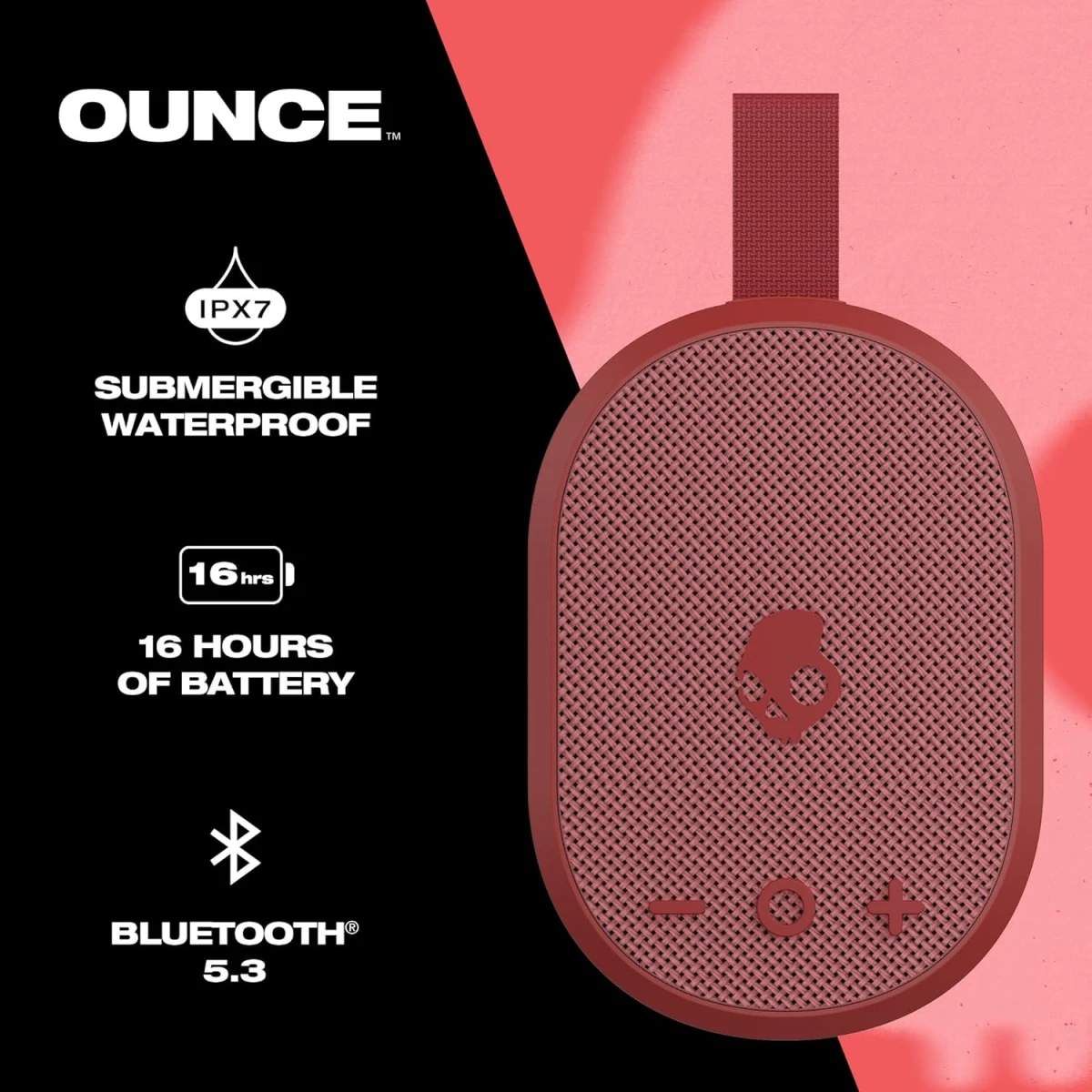 Skullcandy Ounce Wireless Bluetooth Speaker - IPX7 Waterproof Mini Portable Speaker with 16 Hour Battery, Downward Firing Passive Radiator, and Ballistic Nylon Carry Strap - Red
