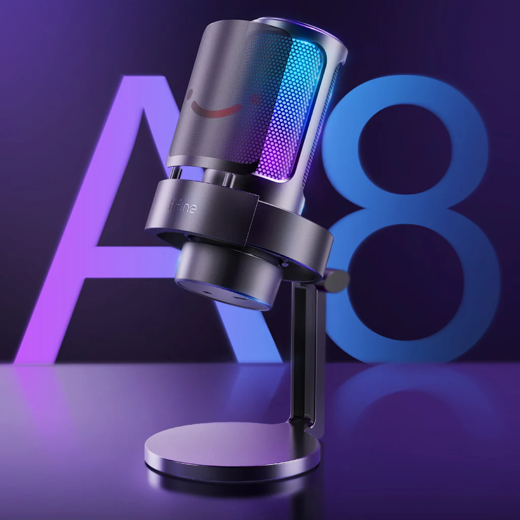 FIFINE AmpliGame A8 USB Mic with Controllable RGB, Live Monitoring, Input Dial, Pop Filter for Streaming-Black