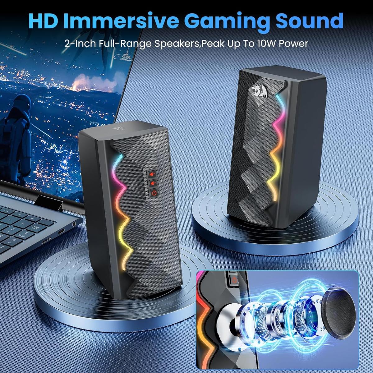 Redragon GS522 Computer Speakers, 2.0 Hi-Fi Stereo Sound PC Speaker, 6 Colorful RGB Mode Touch Desktop Speakers with USB, 3.5mm Aux-in Cable for PC, Laptop, Tablet, Phone, Xbox, PS4/5.