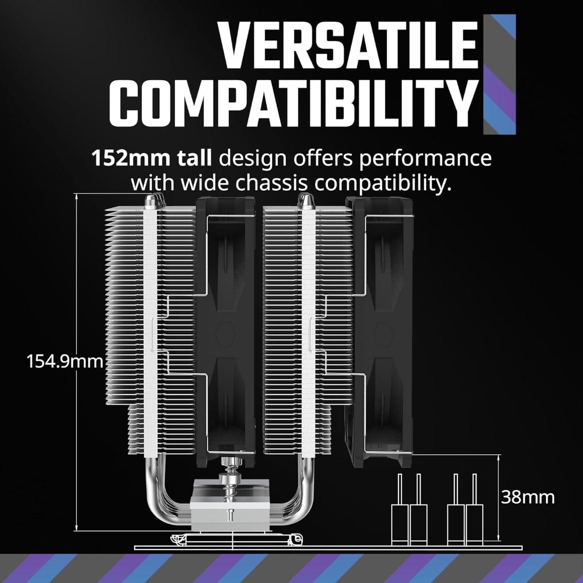 Cooler Master Hyper 620S Dual Tower CPU Air Cooler, ARGB Sync, 120mm PWM Fan, 6 Copper Direct Contact Heat Pipes, 154.9mm Tall Silver