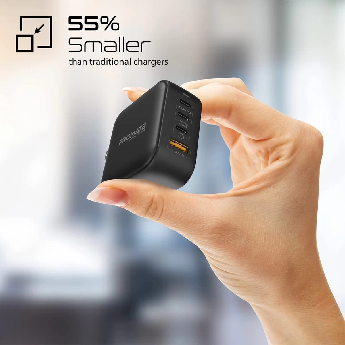 Promate GaNPort4-100PD USB-C Charger 100W GaN Technology Fast Dual Type-C Charger w/ 20W USB-C Port 18W QC 3.0 Port