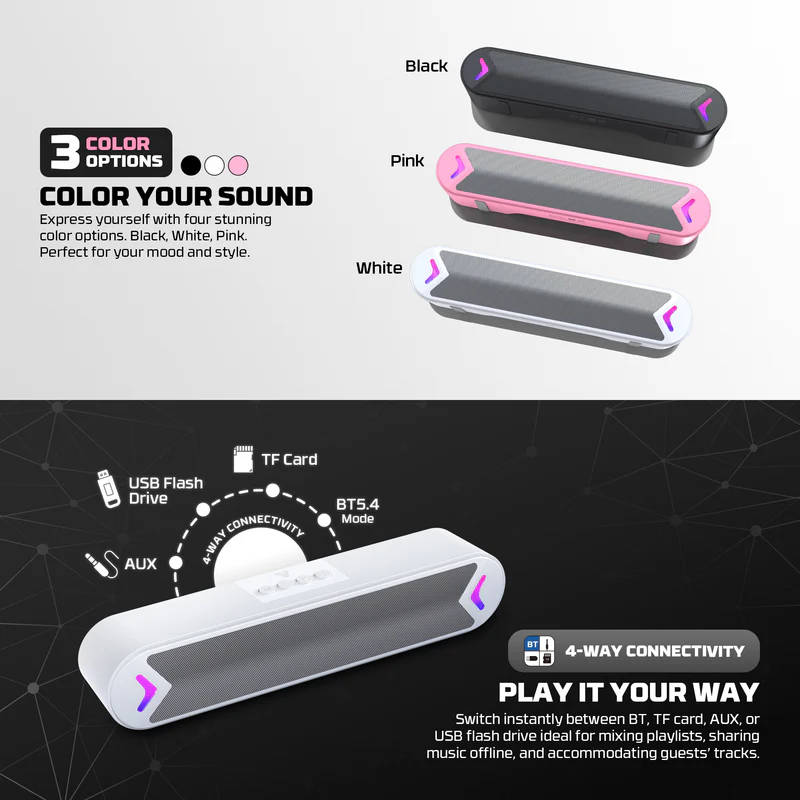 Fantech BS160 Groover Bar Portable Gaming Speaker 4-Way Mode Connectivity BT, TF Card, AUX, or USB flash-Black
