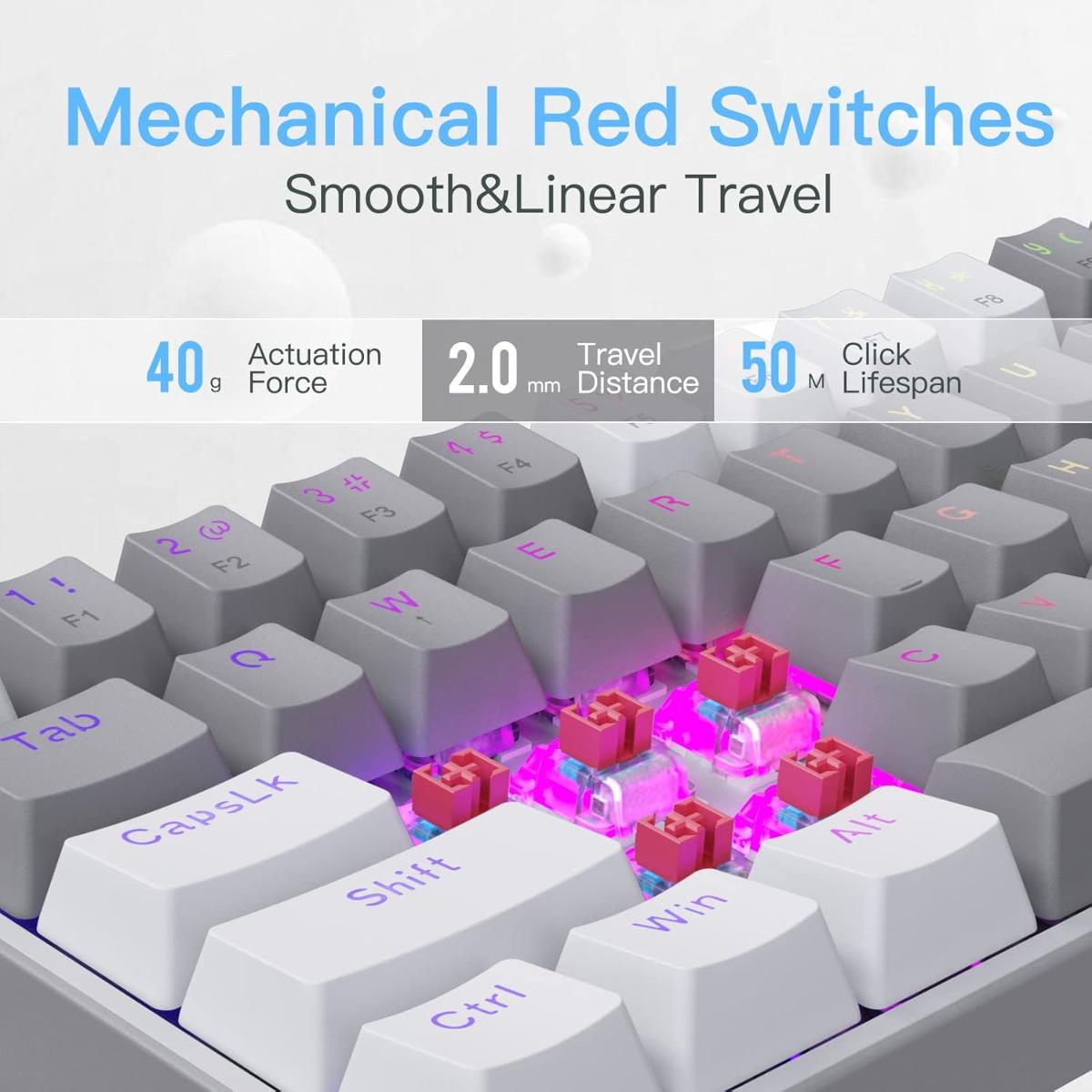 Redragon K617 Fizz 60% Wired RGB Gaming Keyboard, 61 Keys Compact Mechanical Keyboard W/Grey White Color Keycaps, Linear Red Switch, Pro Driver/Software Supported