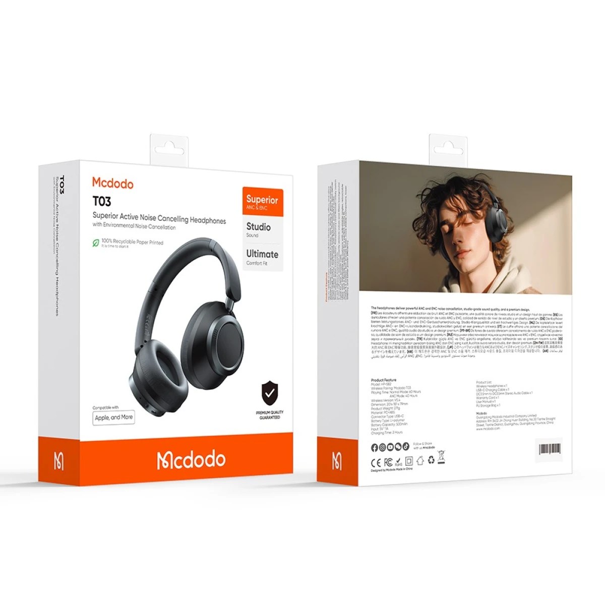Mcdodo HP-5820 T03 Series Bluetooth-Compatible Headphone Over-Ear ANC Noise Cancelling Headset - Black