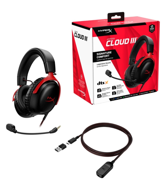 HyperX Cloud III Wired Angled 53mm Drivers DTS Memory Foam Durable Frame Ultra-Clear 10mm Mic USB-C & USB-A 3.5mm For PC, PS5, Xbox Series X|S - Red