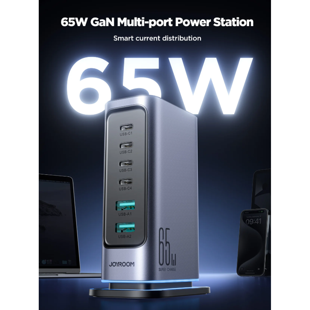 JOYROOM JR-TCM02 65W Multi-port Charger latest GaN chip, ensures stable charging with less heat, over-voltage protection