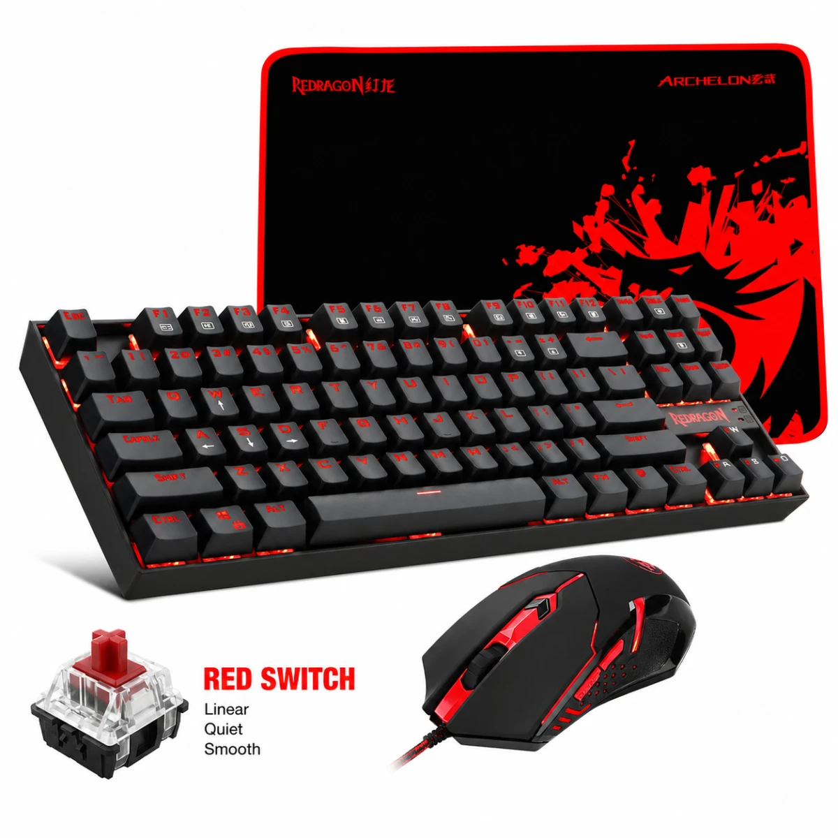 Redragon - K552-BA Mechanical Keyboard & Mouse & Large Mouse Pad Combo - 87 Key LED Backlit Adjustable Brightness and Breathing Effects - 100% Anti-Ghosting (Keyboard, Mouse, Mousepad Set) - Red Switch