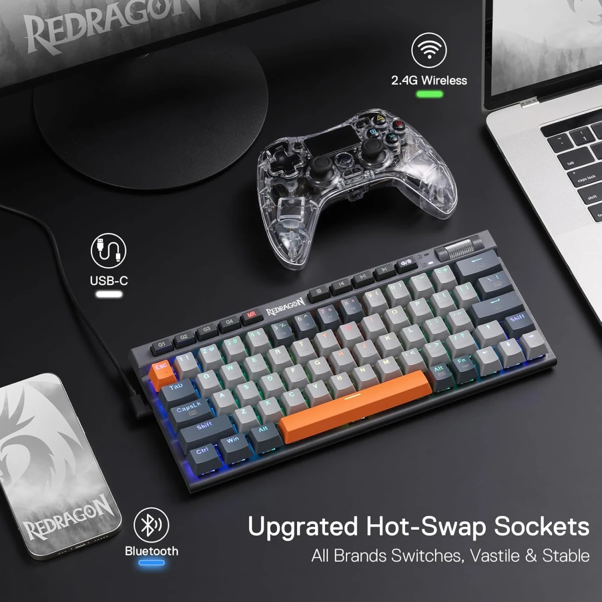 Redragon K634GG 65% RGB Wireless Gaming Keyboard, BT/2.4Ghz/Wired Tri-Mode, 63 Keys Hot-Swap Mechanical Keyboard w/Aluminum Cover Board, Dedicated Macro + Arrow Keys, Media Control & Linear Red Switch