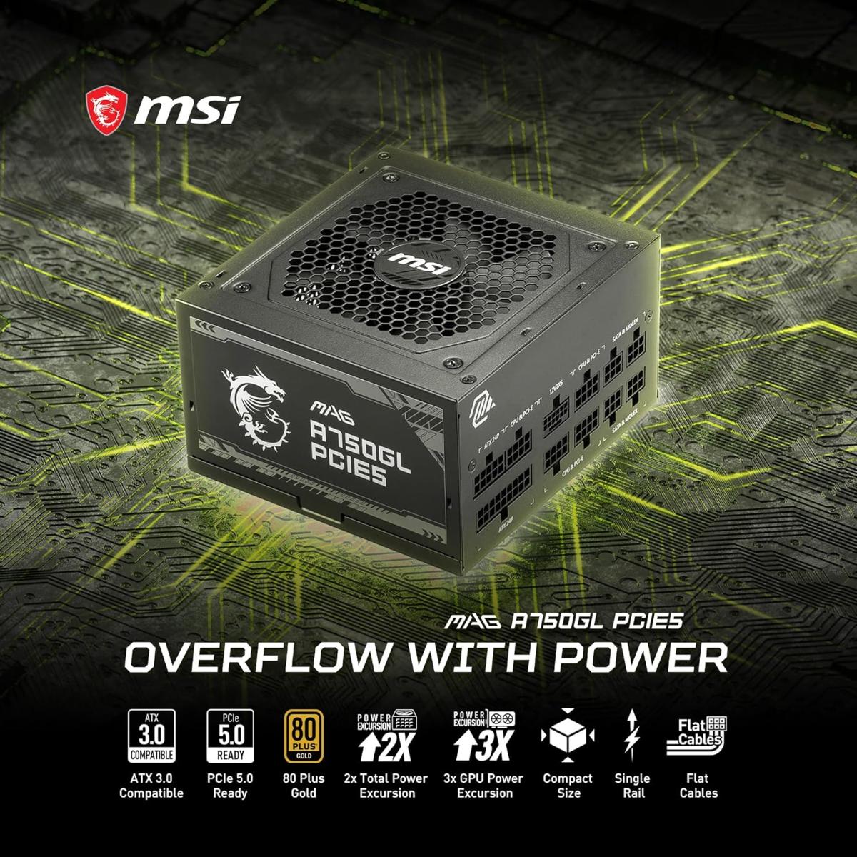 MSI MAG A750GL PCIE5, Fully Modular Compact Gaming 750W Power Supply, 80+ Gold, ATX 3.1 & PCIe 5.1 Ready, Native Dual-Color 12V-2x6 Cable