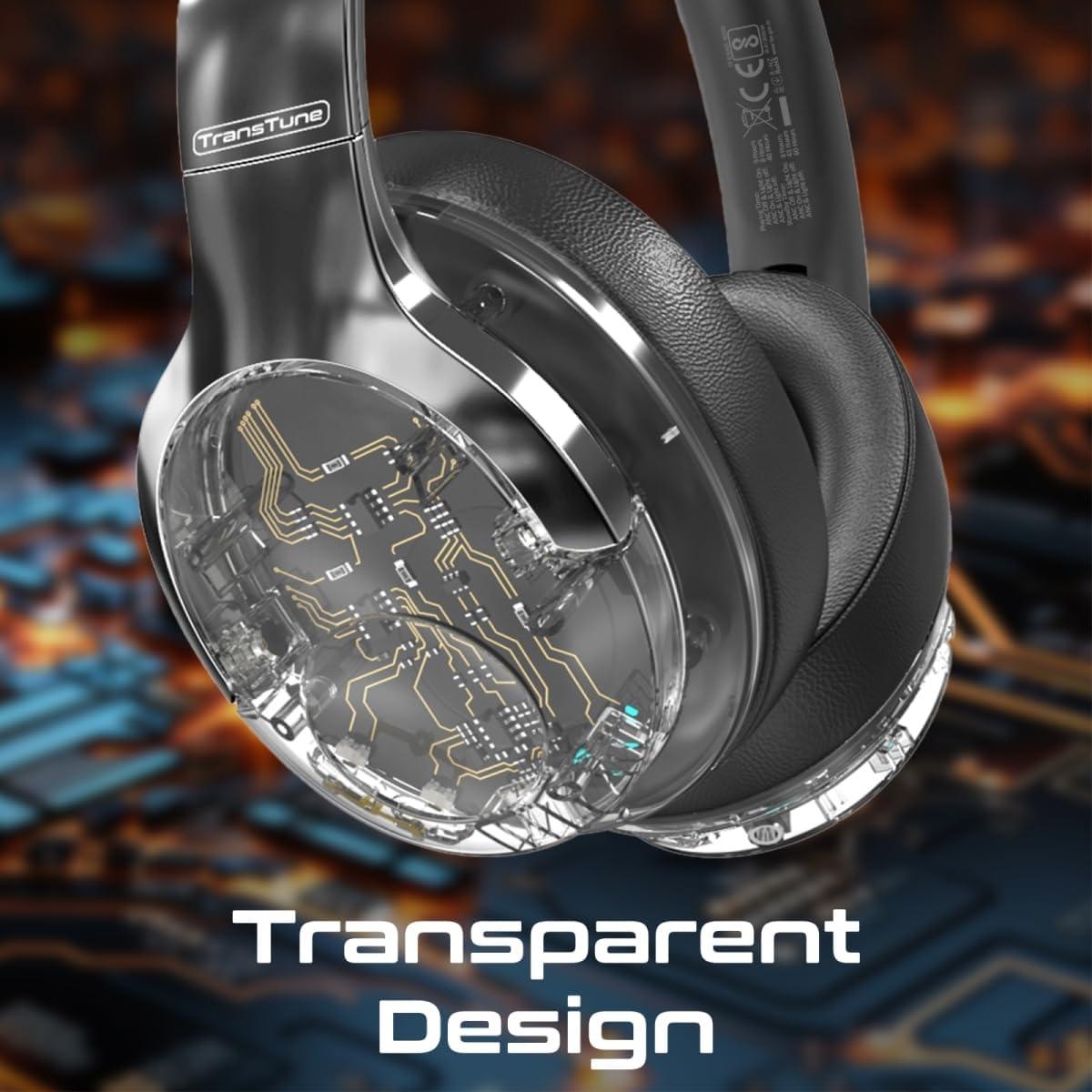 Promate Wireless Headphones, Hi-Fidelity Transparent ANC Bluetooth v5.3 Headset, RGB Lights, Mic, Foldable Design, 40H Playtime, 600mAh Battery, 3.5mm Jack for iPhone15, Galaxy S25, TRANSTUNE.SILVER
