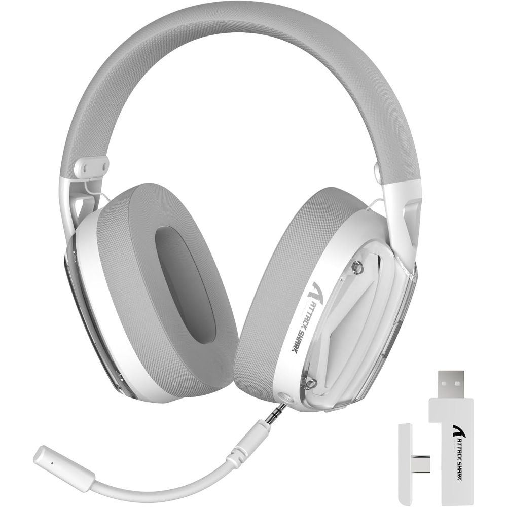ATTACK SHARK L60 Wireless Over-Ear Gaming Headset,40mm Drivers,Detachable Noise Cancelling Mic,Memory Foam Ear Pads,3 Modes USB Computer Headset with 5.1 Surround Sound for PC/Mac/PS4/PS5-White