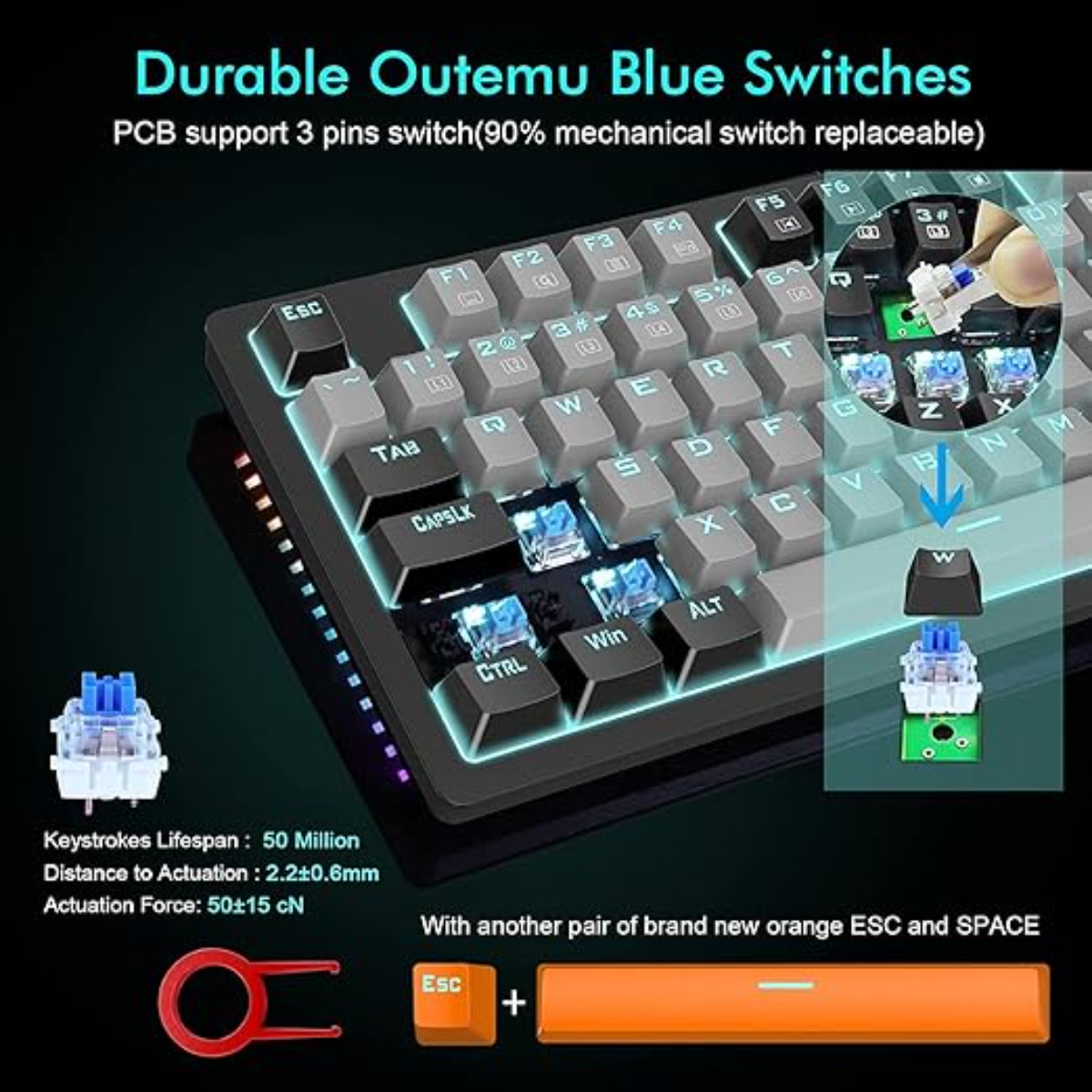 E-YOOSO K620 USB Mechanical Gaming Keyboard Wired Blue Switch - Black and Gray