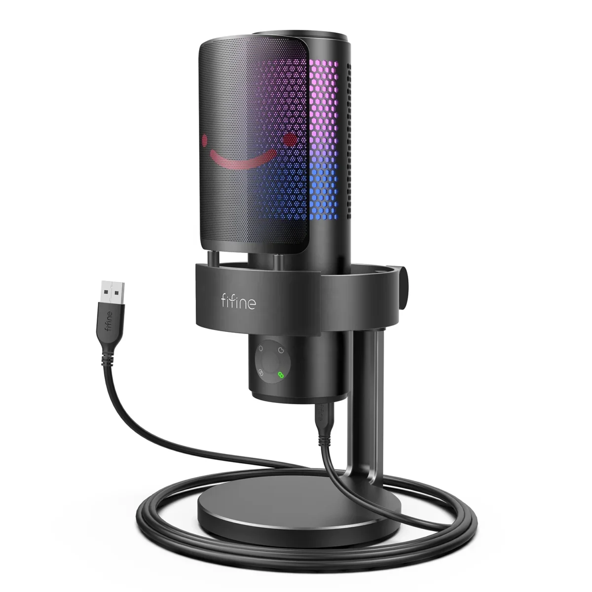 FIFINE A9 AMPLIGAME RGB Omnidirectional Condenser Microphone with Built-In Volume Controls and Pick Up Pattern Switch for Voice Recording, Streaming, and Broadcast