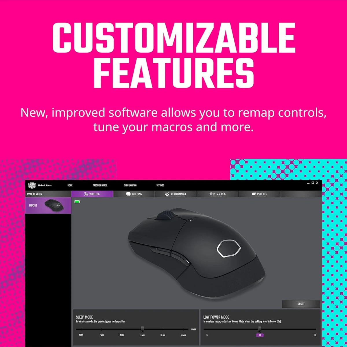 Cooler Master MM311 Wireless Gaming Mouse Adjustable 10,000 DPI Palm|Claw Grip PixArt Optical Sensor PTFE Feet RGB Lighting - White