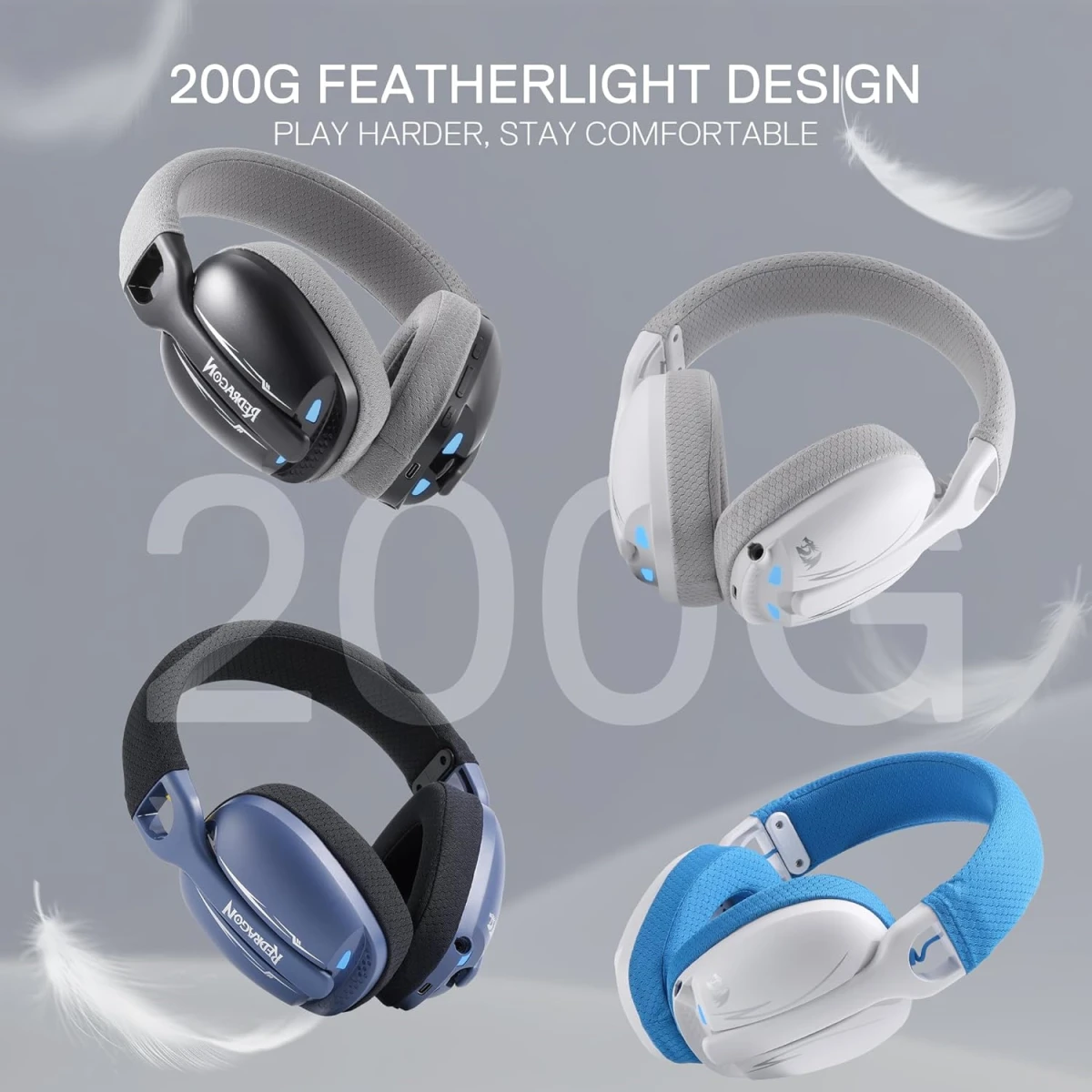 Redragon H878BB 3-Mode Wireless Blue Lighting Gaming Headset - Lightweight - 7.1 Surround Sound - 40MM Drivers - Detachable Microphone - Multi Platforms for PC, PS5/4/3, Switch, Mobile, - Blue