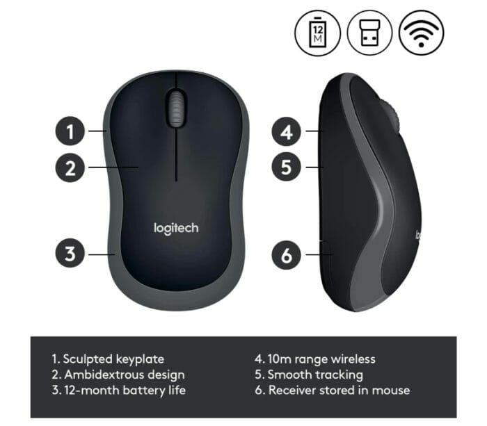 Logitech M185 Wireless Mouse Ambidextrous USB PC / Mac - Grey