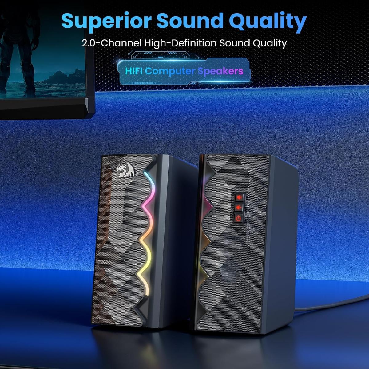Redragon GS522 Computer Speakers, 2.0 Hi-Fi Stereo Sound PC Speaker, 6 Colorful RGB Mode Touch Desktop Speakers with USB, 3.5mm Aux-in Cable for PC, Laptop, Tablet, Phone, Xbox, PS4/5.