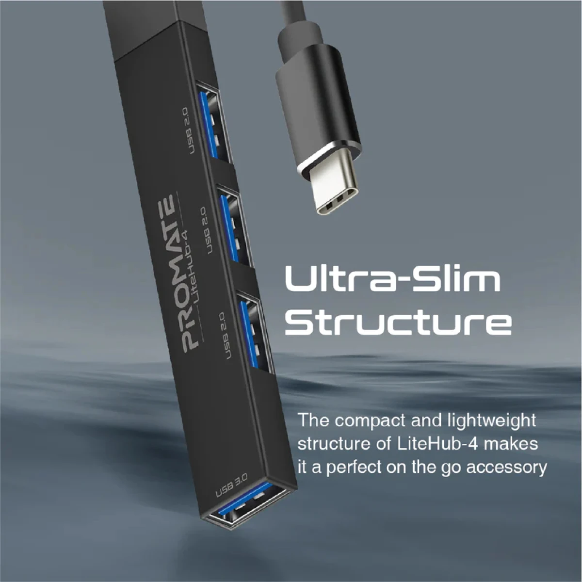 Promate LiteHub-4 4 In 1 Multi-Port USB-C Hub 4 USB-A Ports 480Mbps / 5Gbps Transfer Rate For Windows & Mac - Black