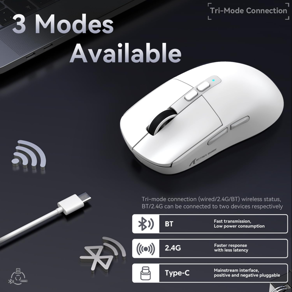 ATTACK SHARK X6 Lightweight Wireless Gaming Mouse with RGB Backlight Charging Base,Tri-Mode Wired/2.4GHz/BT5.2,26K DPI, PAW3395 Optical Sensor,HUANO Switch,5programmable Buttons,PC/Mac(White)