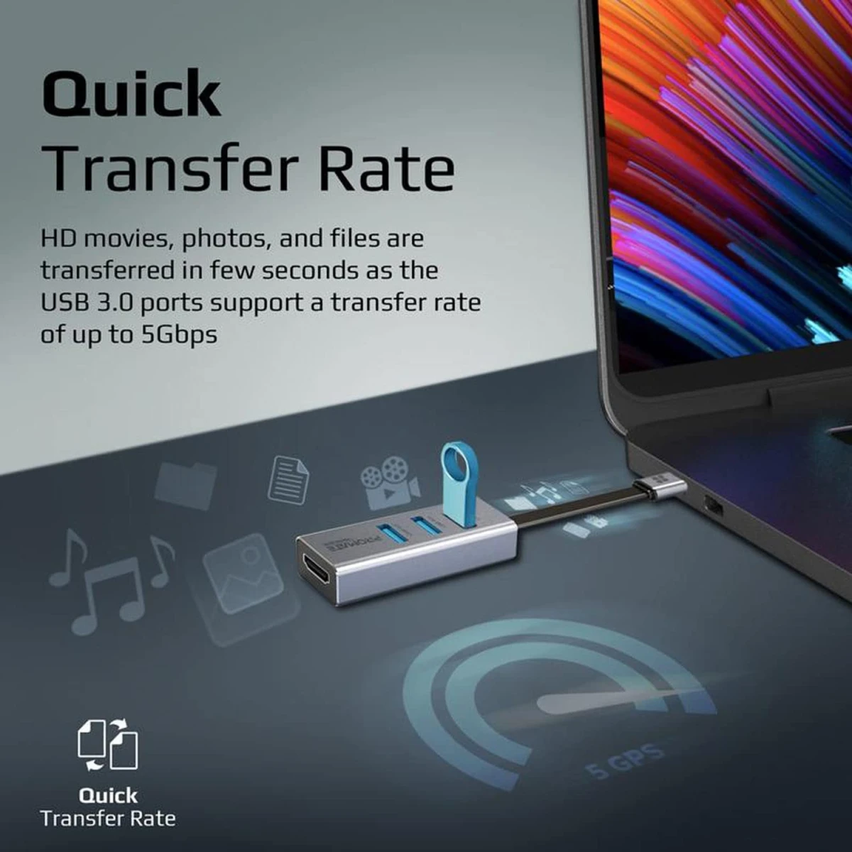 Promate MediaHub-C3 Aluminum USB-C to HDMI Adapter Ultra-Compact Type-C to 4K 30Hz HDMI Hub w/ 3 USB 3.0 Sync Charge 5Gbps Ports