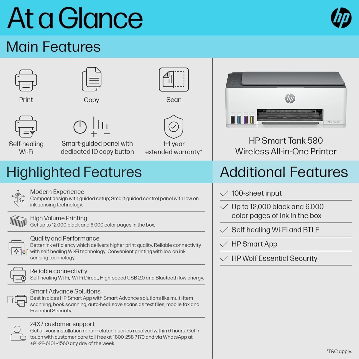 HP Smart Tank 580 All-in-One Wireless Ink Tank Colour ( up to 12000 Black & 6000 Colour) w/ 1 Extra Black Ink Bottle