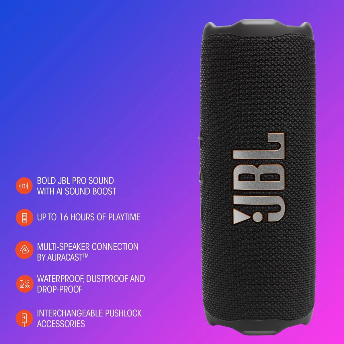 JBL Flip 7 Portable Bluetooth 5.4 Speaker, 25 W RMS for Woofer, 10 W RMS for Tweeter, Lossless Audio Playback, Waterproof, Dustproof, & Drop-Proof 16Hrs of Playtime , Black