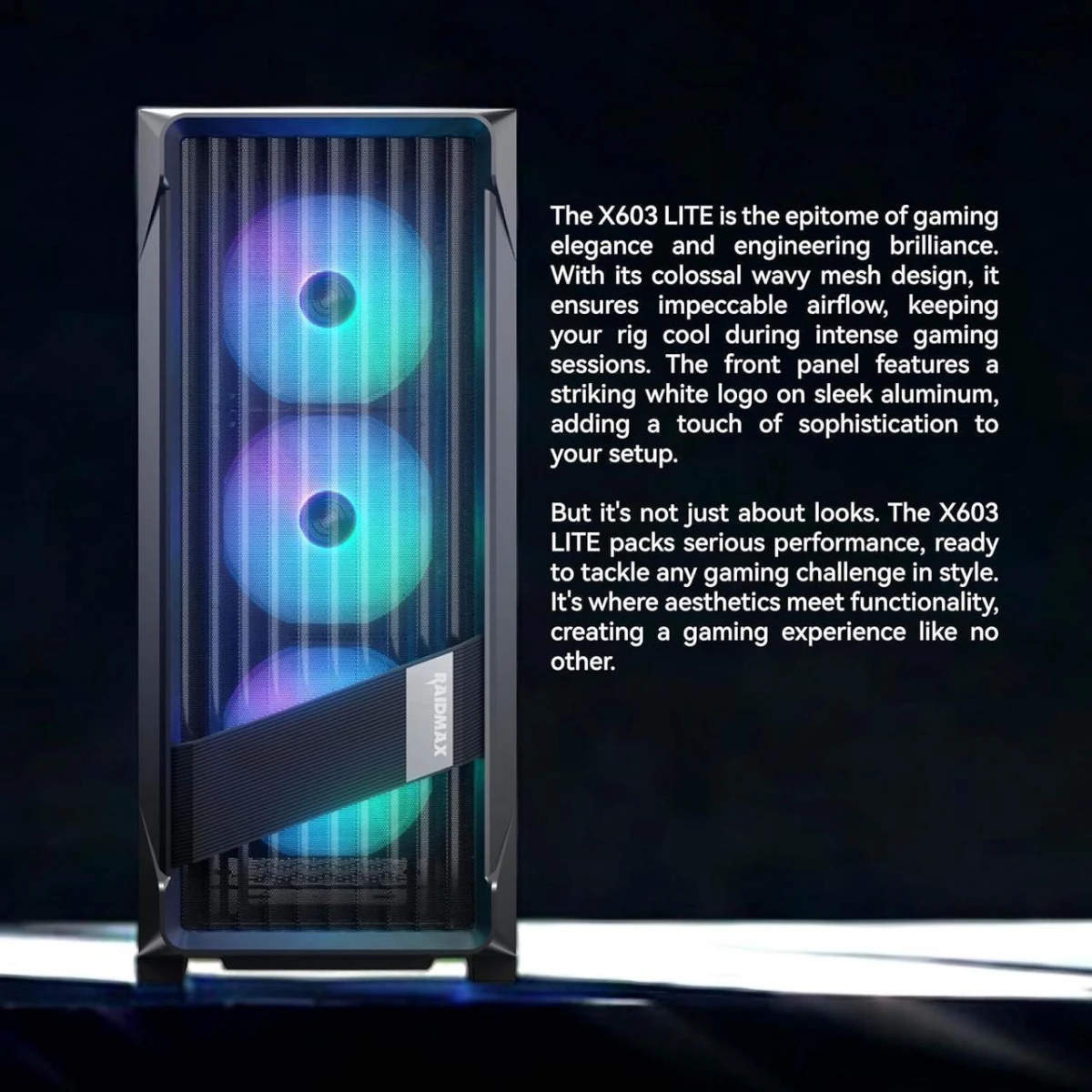 Raidmax MESHIAN X603 Lite ATX Mesh Front Tempered Glass 4x 120mm ARGB Fan Preinstalled Supports Up to 400mm GPU - Black