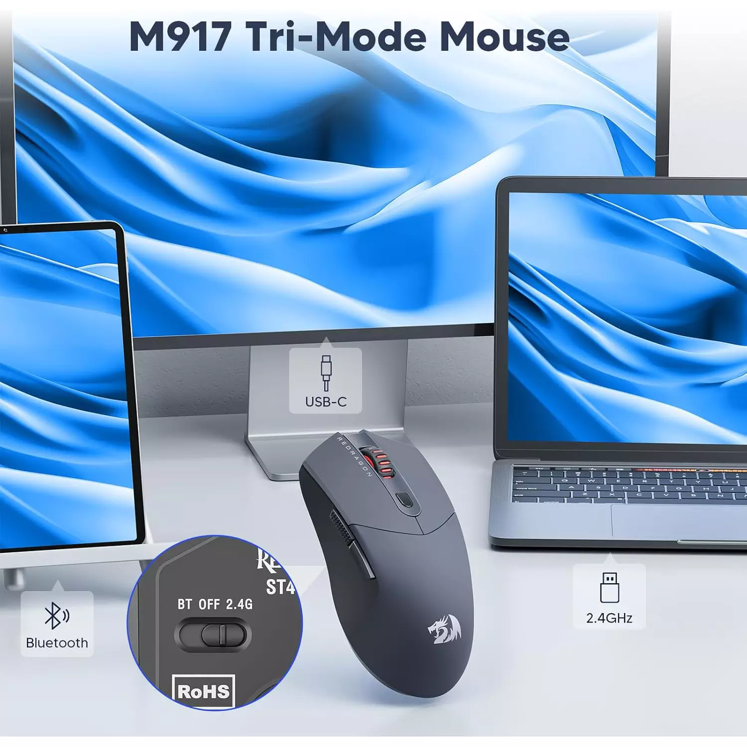 Redragon M917 ST4R PRO 26000 Dpi Tri-Mode Wireless, Bluetooth Gaming Mouse, Optical Sensor 26K DPI Ultra-Light 60G, Full Programmable Buttons, Software