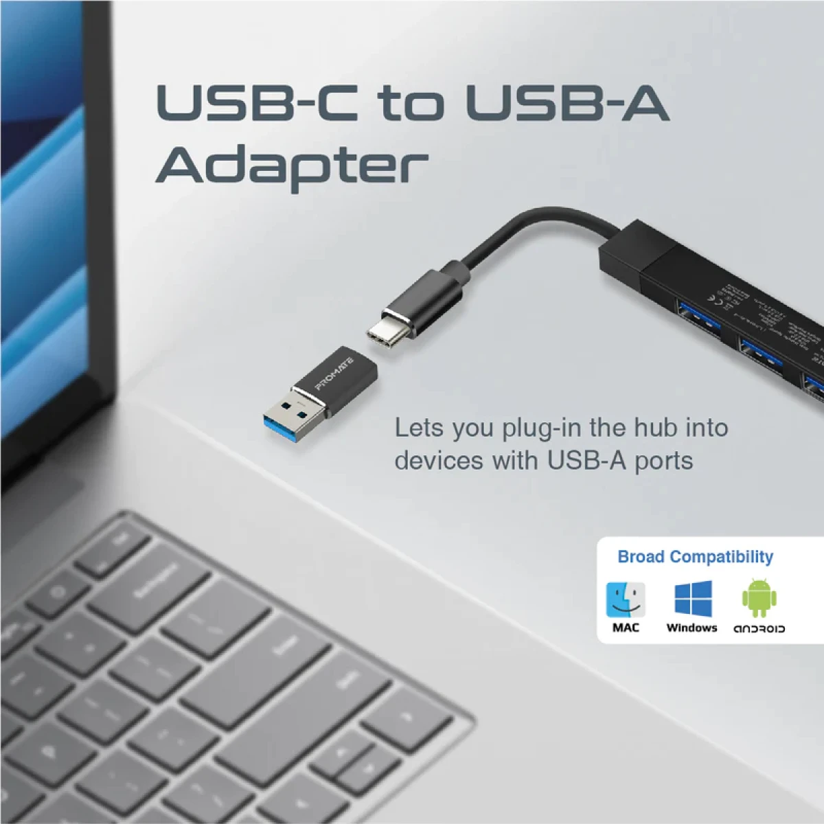 Promate LiteHub-4 4 In 1 Multi-Port USB-C Hub 4 USB-A Ports 480Mbps / 5Gbps Transfer Rate For Windows & Mac - Black