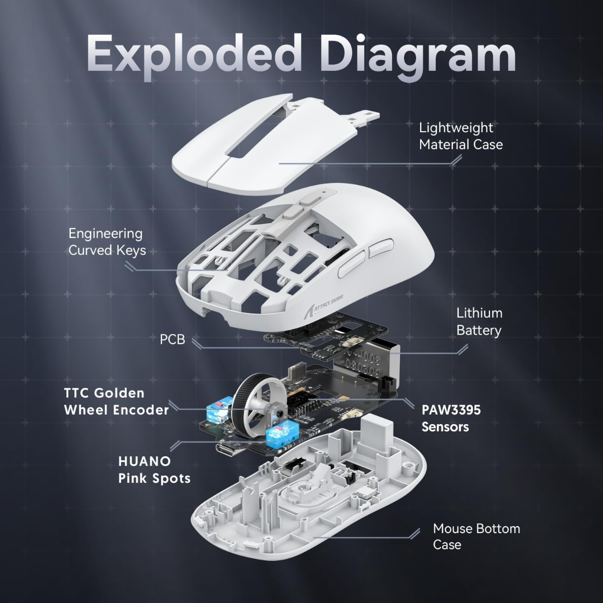 ATTACK SHARK X6 Lightweight Wireless Gaming Mouse with RGB Backlight Charging Base,Tri-Mode Wired/2.4GHz/BT5.2,26K DPI, PAW3395 Optical Sensor,HUANO Switch,5programmable Buttons,PC/Mac(White)