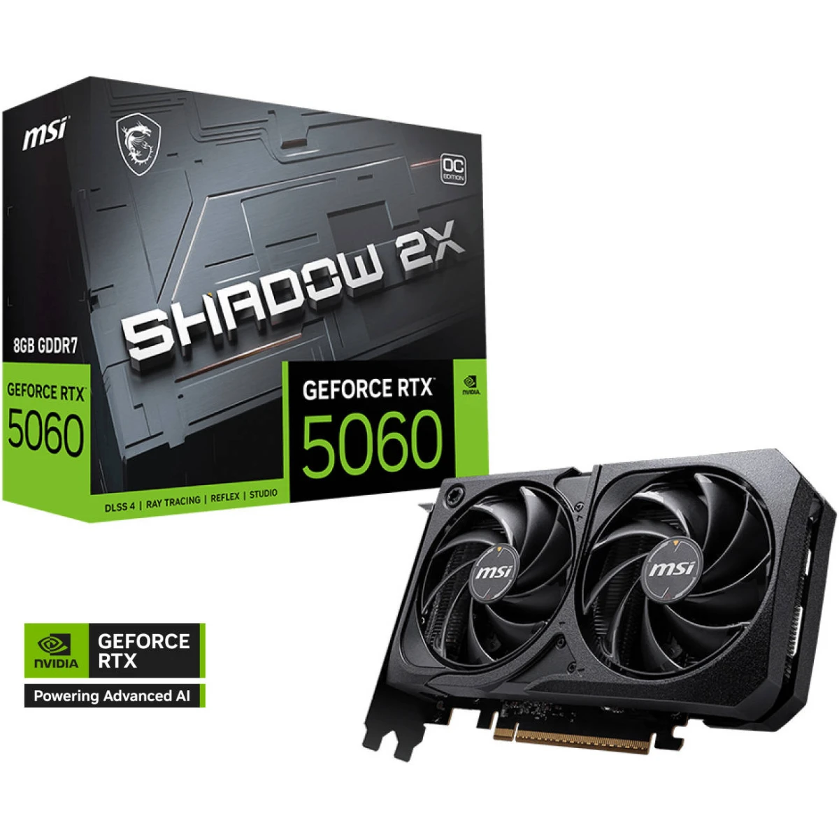 MSI GeForce RTX 5060 SHADOW 2X OC 8GB GDDR7 128-Bit Memory, 2527 MHz Boost Clock, 28 Gbps Memory Speed, 3840 CUDA Cores, PCI Express Gen 5 x16