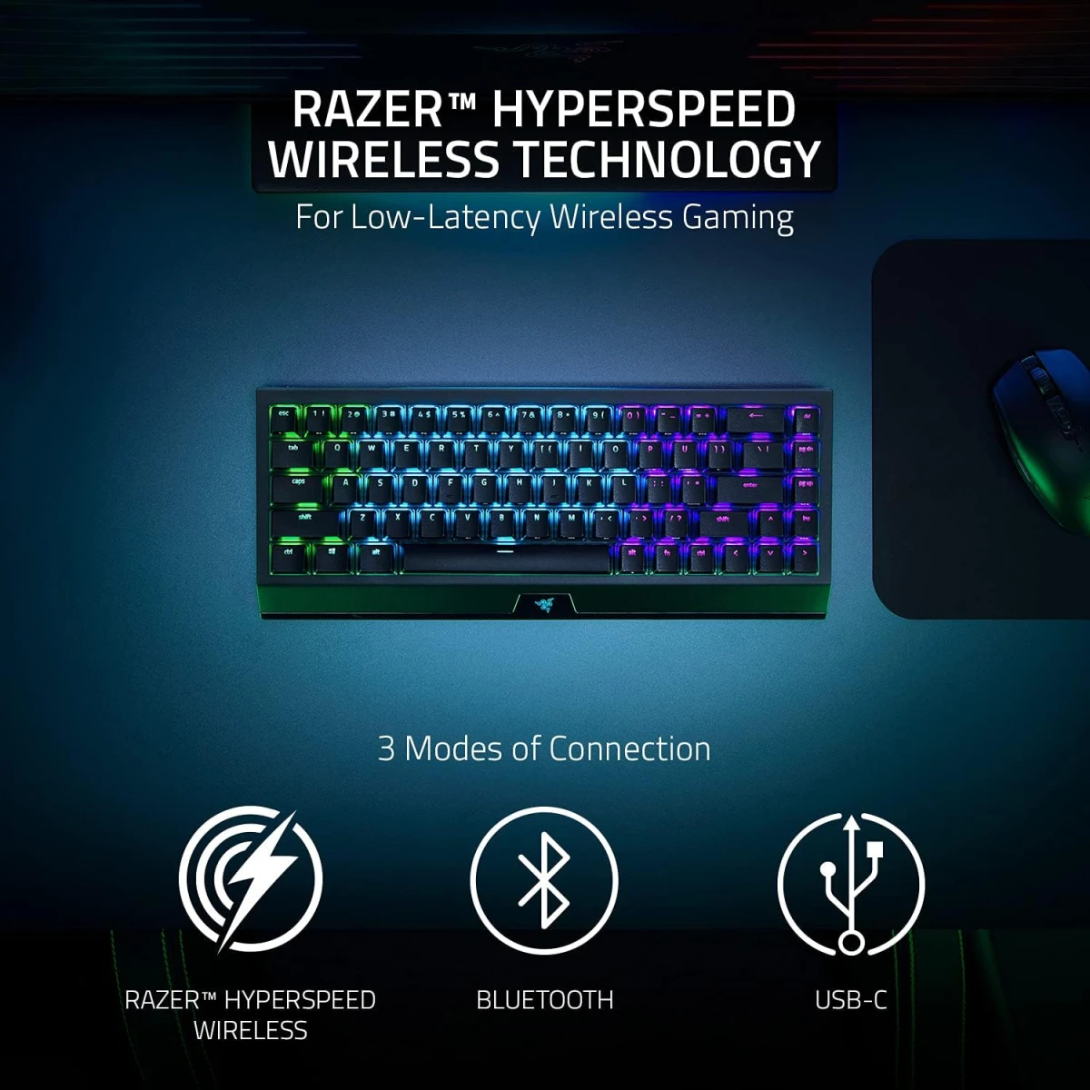Razer BlackWidow V3 Mini HyperSpeed 65% Wireless Mechanical Green Switches Phantom Pudding Keycaps up to 200Hrs Battery Life