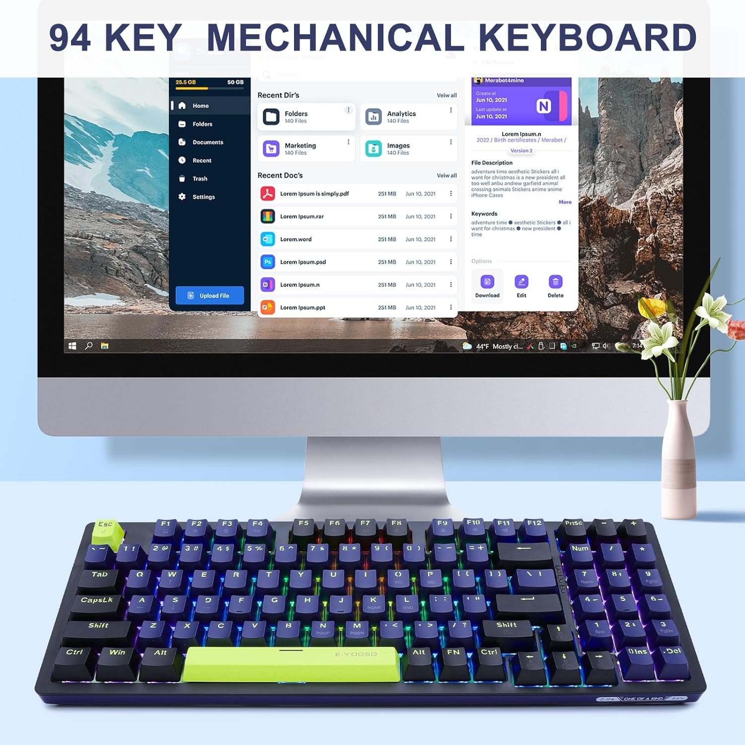 E-YOOSO Z-94 Mechanical Keyboard Rainbow Backlit, 94 Keys 90% Gaming Keyboards for Games and Office Work, Black (Blue Switch)