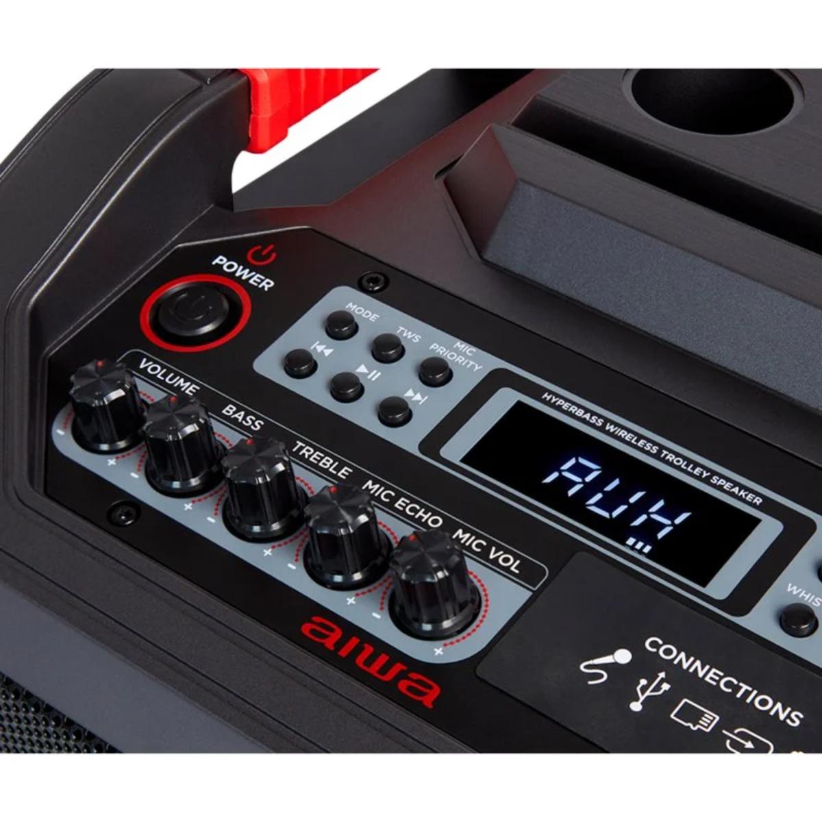 Aiwa KBTUS-608: TWS Audio System with 600W Power and RGB Front Lighting (Bluetooth, 8" Speakers with Hyperbass Technology, 12V, USB, Micro SD, Microphones Included) Colour Black