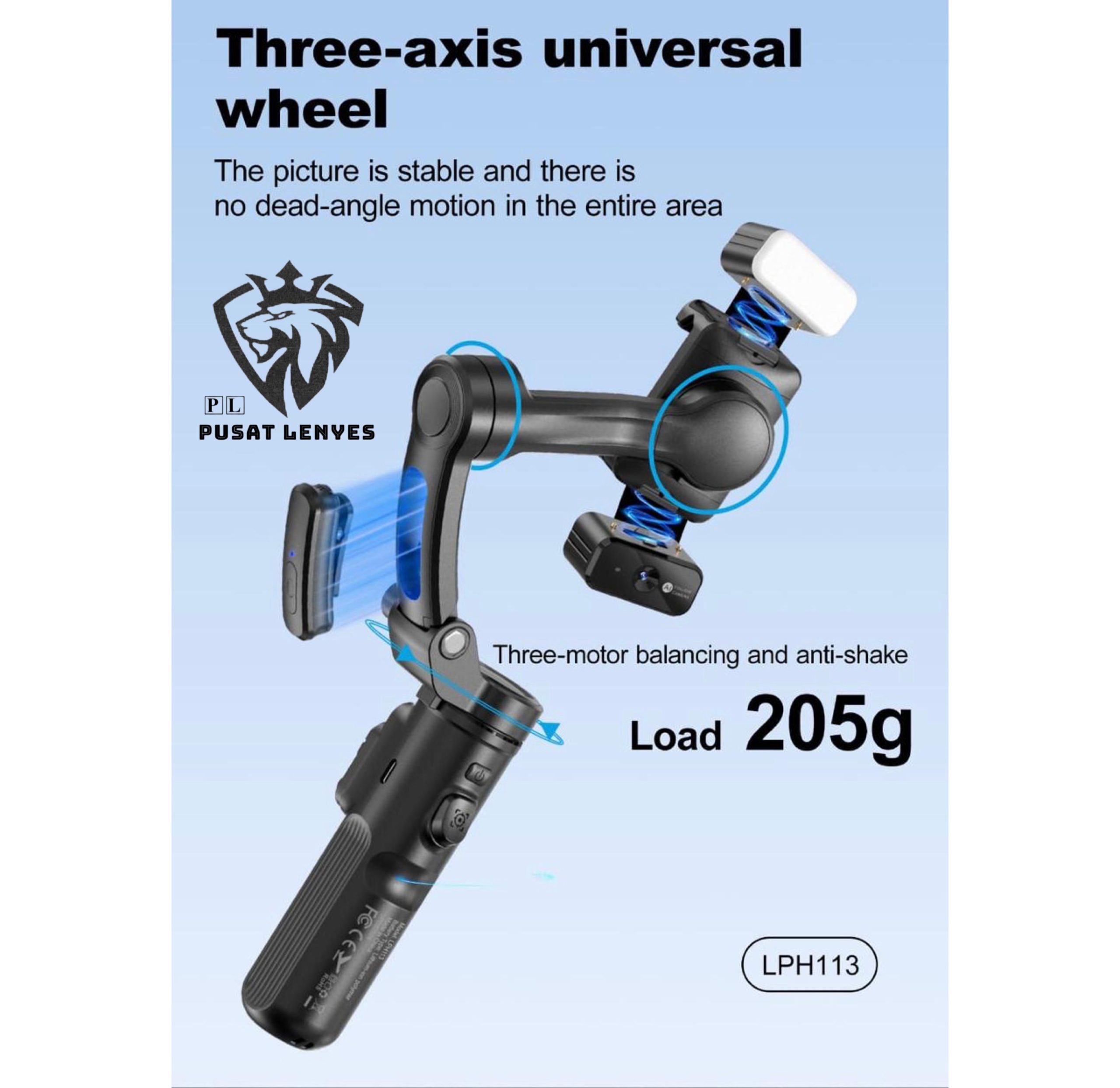 GIMBAL LENYES LPH-113 3-Axis Stabilizer Tripod HP Intelligent AI Face Tracking Remote Control With Mic Wireless & Adjustable Fill Light