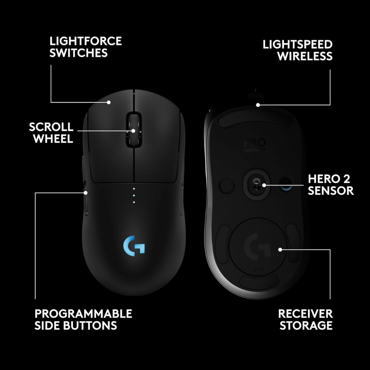 Logitech G PRO 2 Lightspeed Wireless Gaming Mouse, Right- or Left-Handed Mouse with up to 4 Customizable and Switchable Magnetic Side Buttons, 32K DPI Sensor, USB-C Charging, for PC/Mac - Black