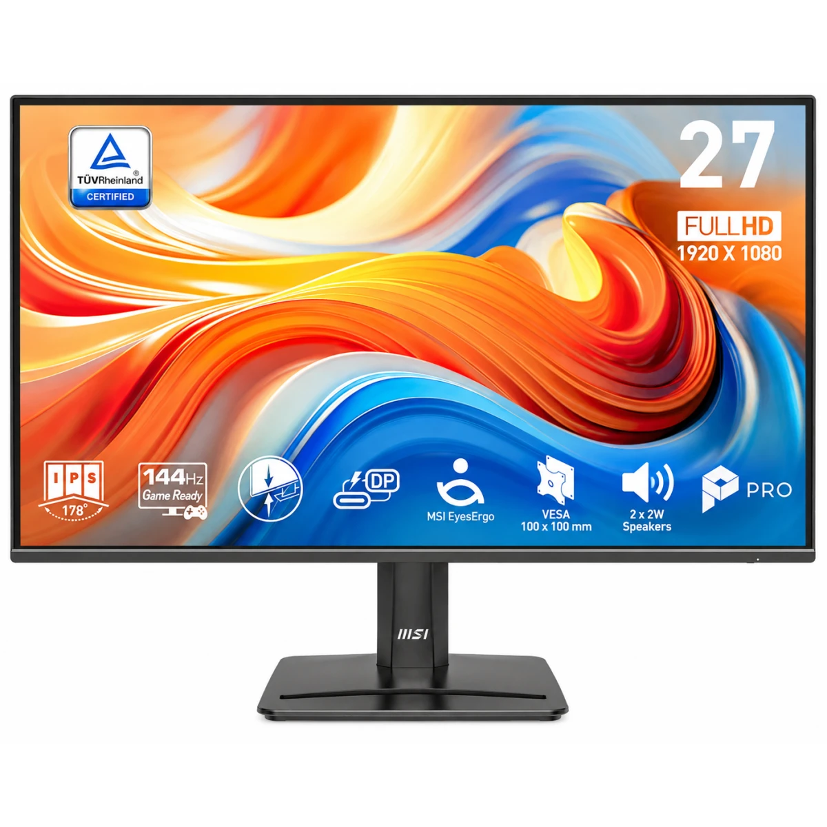 MSI PRO MP272 E14C 27" IPS Full HD, 144Hz, 1ms , Free-Sync, HDMI, USB C (15W Power Delivery), VESA Mountable, Tilt, Speaker, 4-Side Slim Bezel , Black