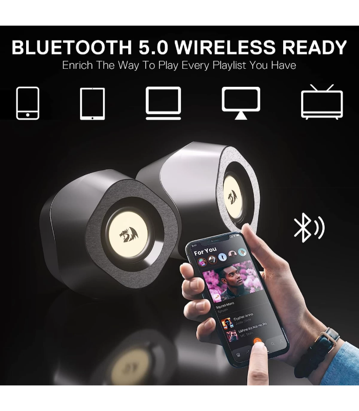 Redragon GS590 Kaidas RGB Desktop Speakers w/BT 5.0/AUX/USB Mode Compact Size Back Ambient RGB Backlight & Control Box USB Powered