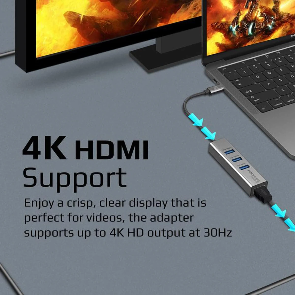Promate MediaHub-C3 Aluminum USB-C to HDMI Adapter Ultra-Compact Type-C to 4K 30Hz HDMI Hub w/ 3 USB 3.0 Sync Charge 5Gbps Ports