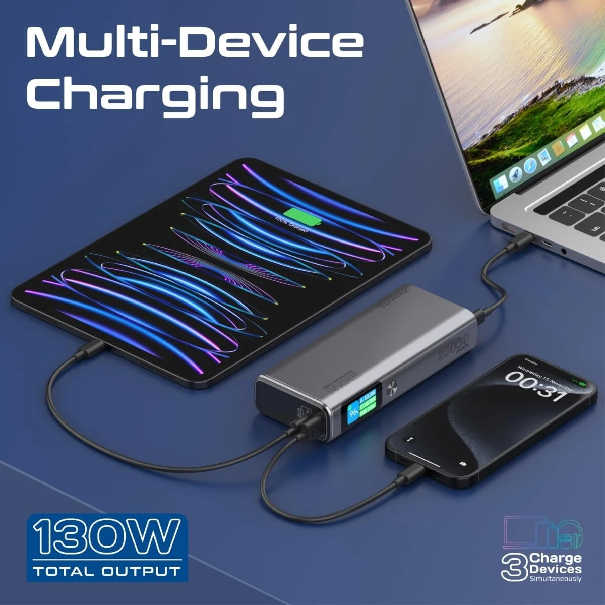 Promate Titan-130 Universal 20000mAh Ultra-Slim Portable Power Pack with 130W Power Delivery, Smart TFT LCD Screen, USB-A QC 3.0, Dual USB-C Input/Output Ports, and Over-Heating Protection
