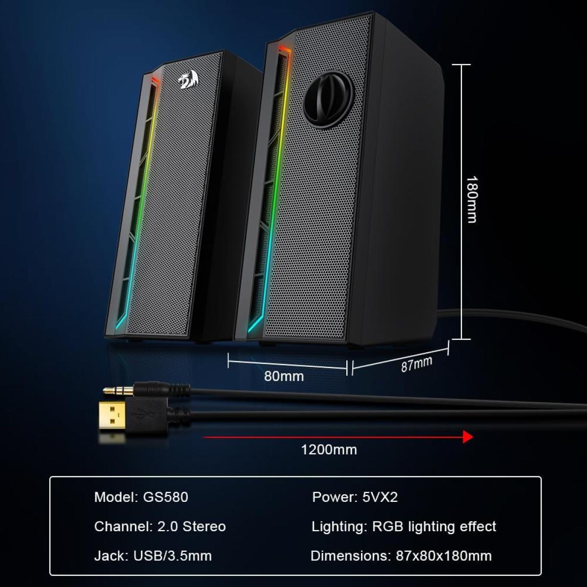 Redragon GS580 Calliope RGB Desktop PC Speakers,2.0 Channel Enhanced Sound and Volume Control with 3.5mm Cable-Black