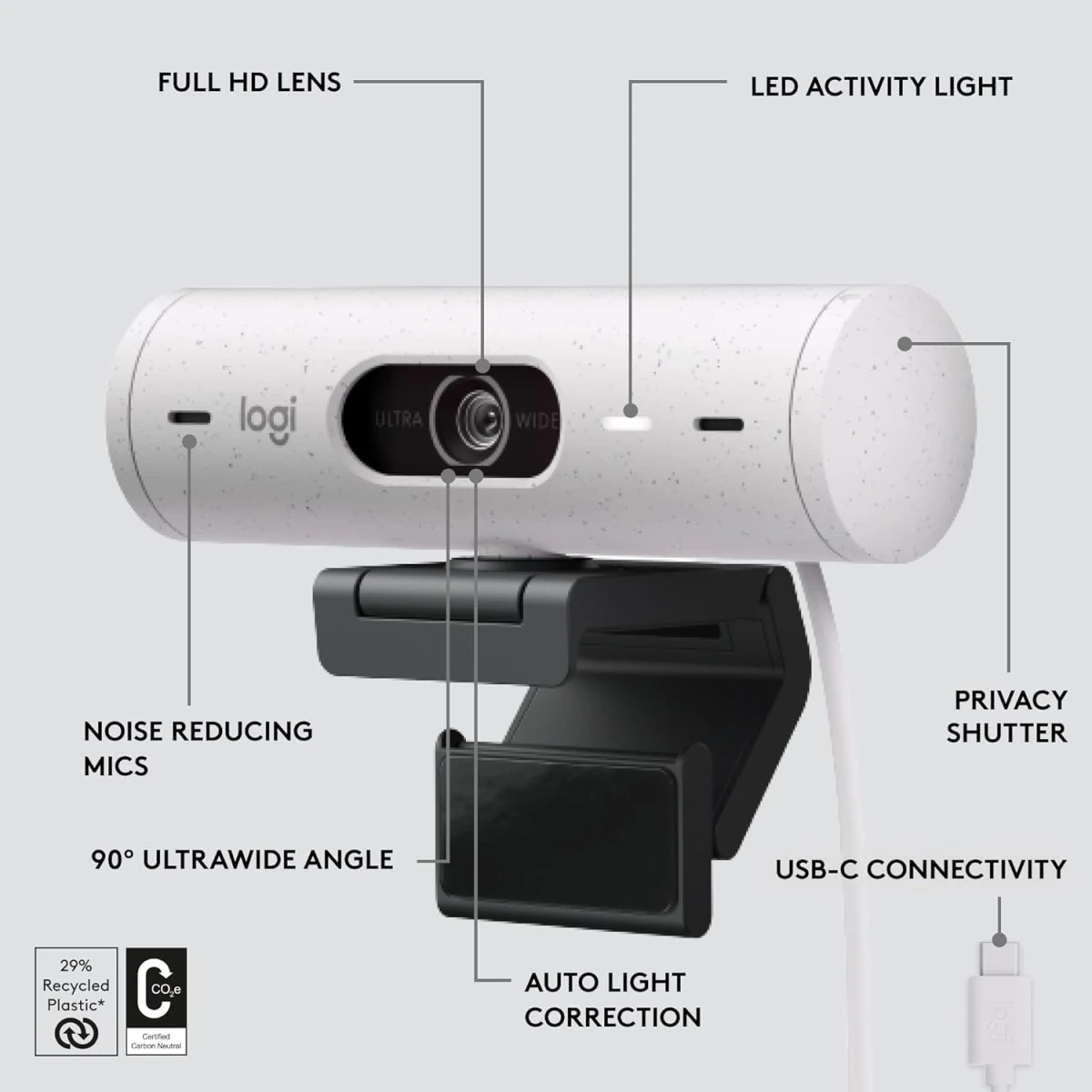 Logitech Brio 500 Full HD Webcam with Auto Light Correction Show Mode Dual Noise Reduction Mics Privacy Cover For Microsoft Teams, Google Meet, Zoom, USB-C Cable