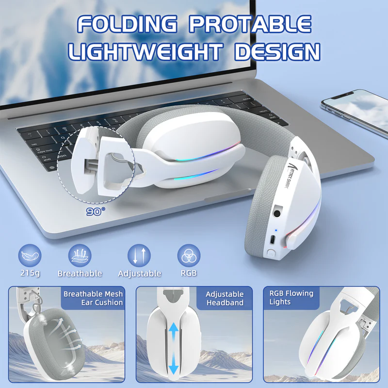ATTACK SHARK L90 Ultra-Light Wireless Headset,RGB,Foldable,Triple- Mode-2.4Ghz/Bluetooth/Wired Gaming Headphone with mic,40mm Driver,7.1 Surround Sound,for Xbox/PS4/PS5/PC ,White