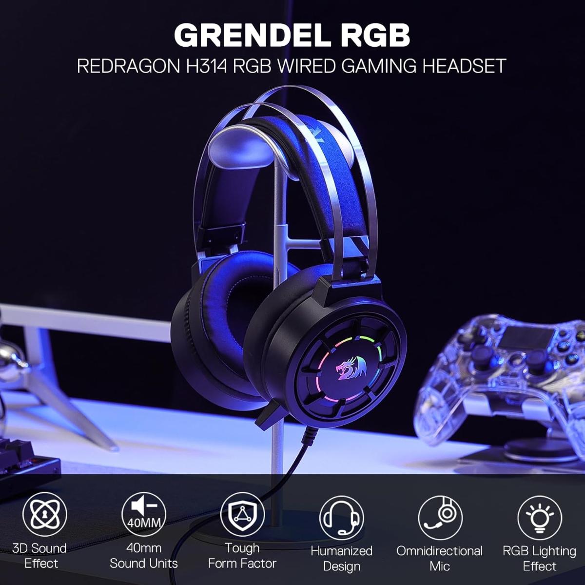 Redragon H314 RGB Gaming Headset - Wired Computer Headset with 40mm Drivers, USB Connection, Lightweight Design, and Soft PU Leather Ear Cushions for Ultimate Comfort