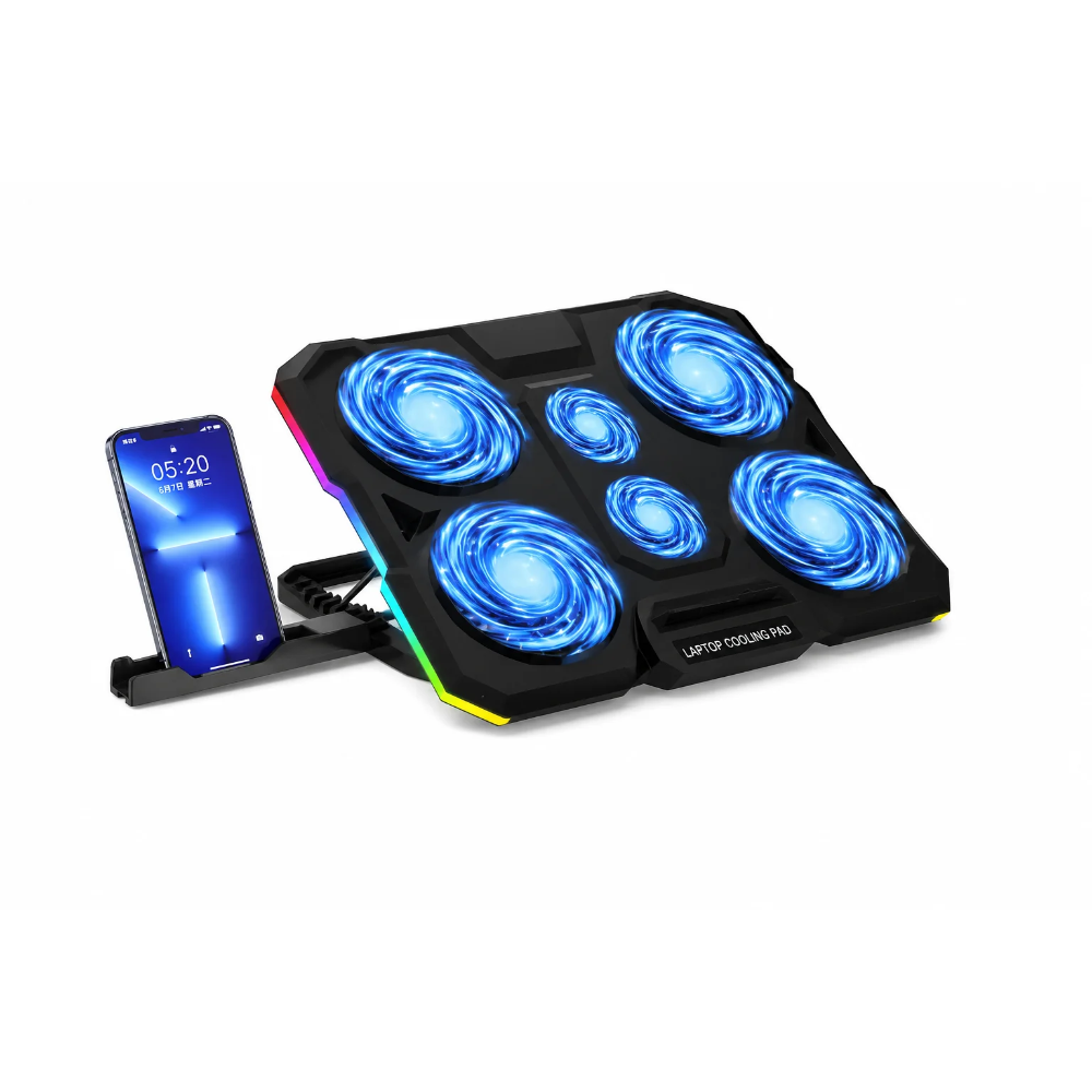 Gaming Laptop Cooling Pad 6 Blue LED Fans RGB Breathing Lighting Phone Holder Adjustable Stand