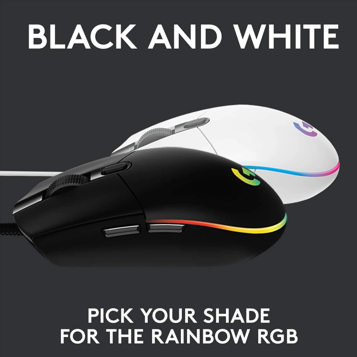 Logitech G203 Wired Gaming Mouse, 8,000 DPI, Rainbow Optical Effect LIGHTSYNC RGB, 6 Programmable Buttons, On-Board Memory, Screen Mapping, PC/Mac Computer and Laptop Compatible - White