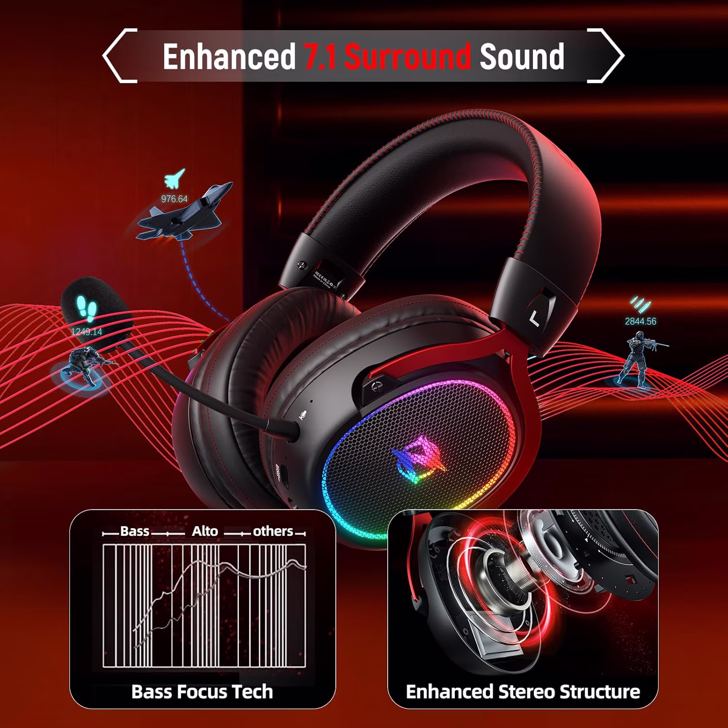 Ozeino Wireless Gaming Headset, 7.1 Surround Sound, 2.4GHz Wireless Gaming Headphones with Detachable Noise-Canceling Mic for PS5, PS4, PC, Laptop - alternate view